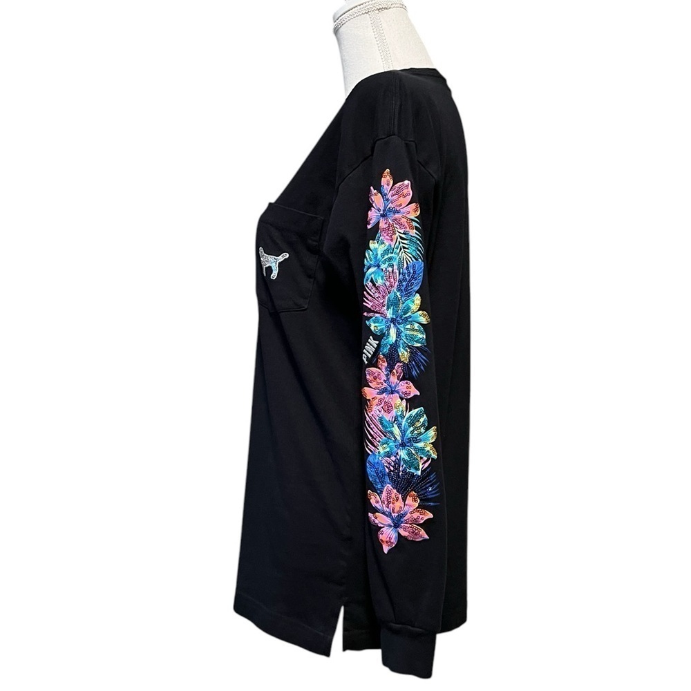 PINK WOMEN’S CUTE LONG SLEEVES BLACK T-SHIRT WITH BRIGHT FLORAL SEQUINS SZ XS